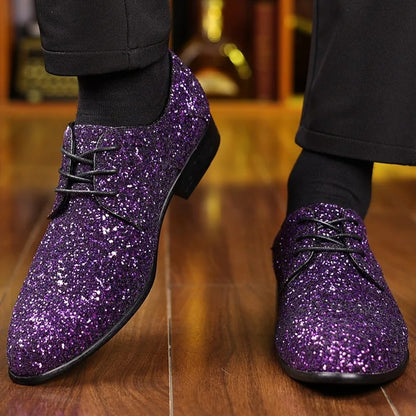 Men’s Luxury Sequin Oxford Dress Shoes - Gold & Silver Lace-Up Wedding Flats Large Size
