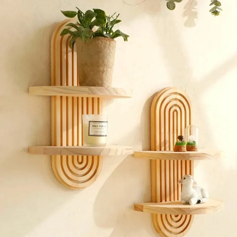 Wooden Wall-Mounted Shelves – Boho Style Rack for Living Room & Bathroom Home Decor