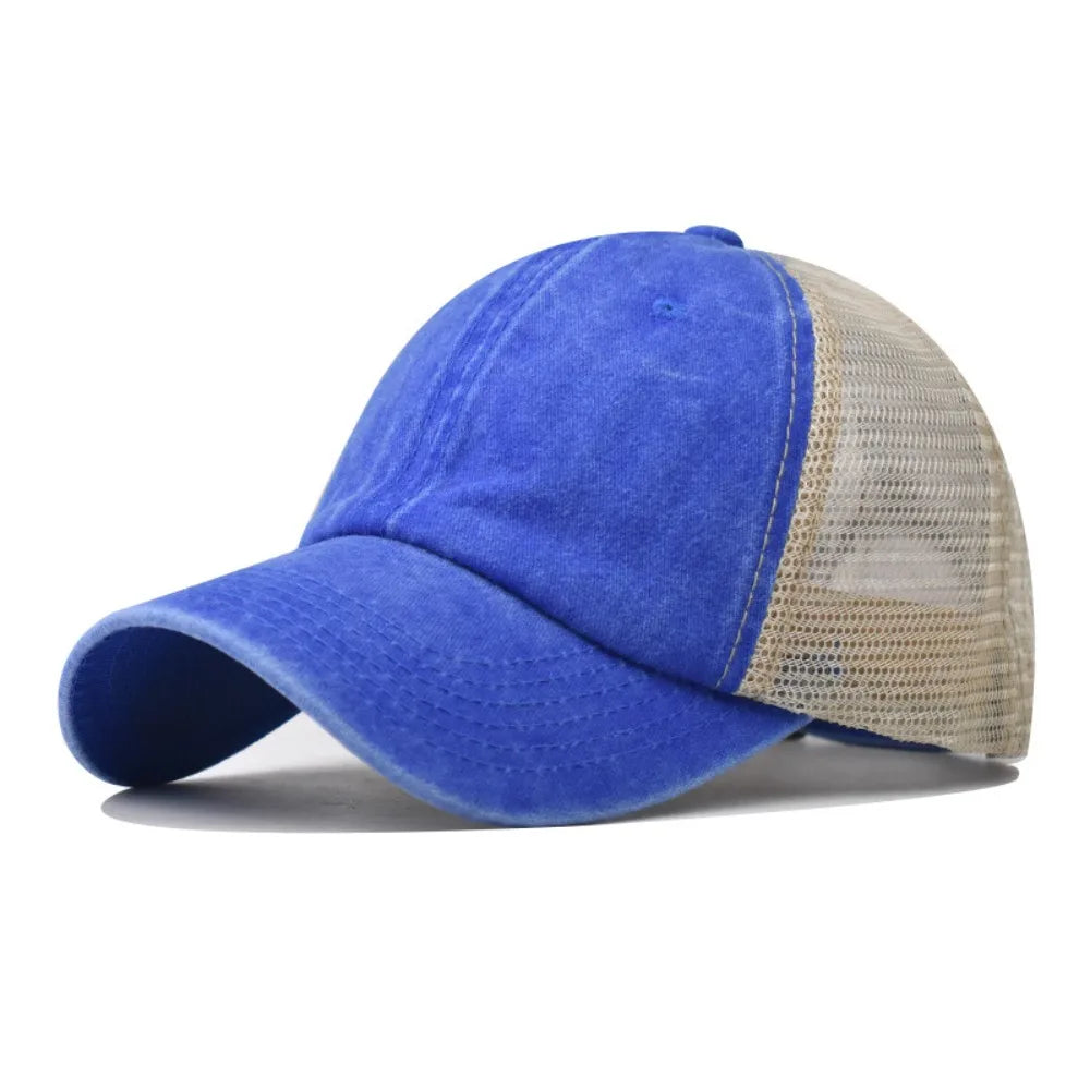 Vintage Washed Cotton Cap - Denim Mesh Baseball Hat with UV Protection for Women