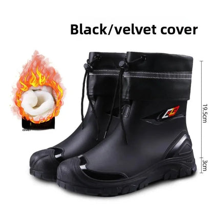 Men’s Ankle-High Fleece-Lined Rain Boots – Waterproof, Anti-Slip, Wear-Resistant Work & Fishing Shoes