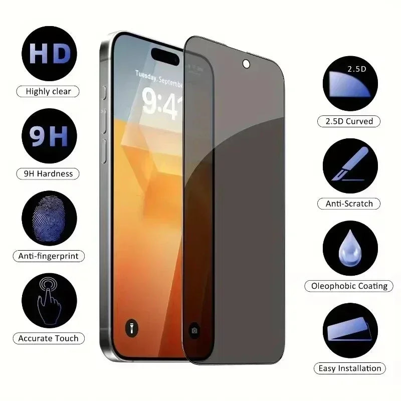 5Pcs Full Cover Privacy Screen Protector - 8K Anti-Spy Tempered Glass for iPhone 16 15 14 13 12 11 Pro Max Mini XR X XS