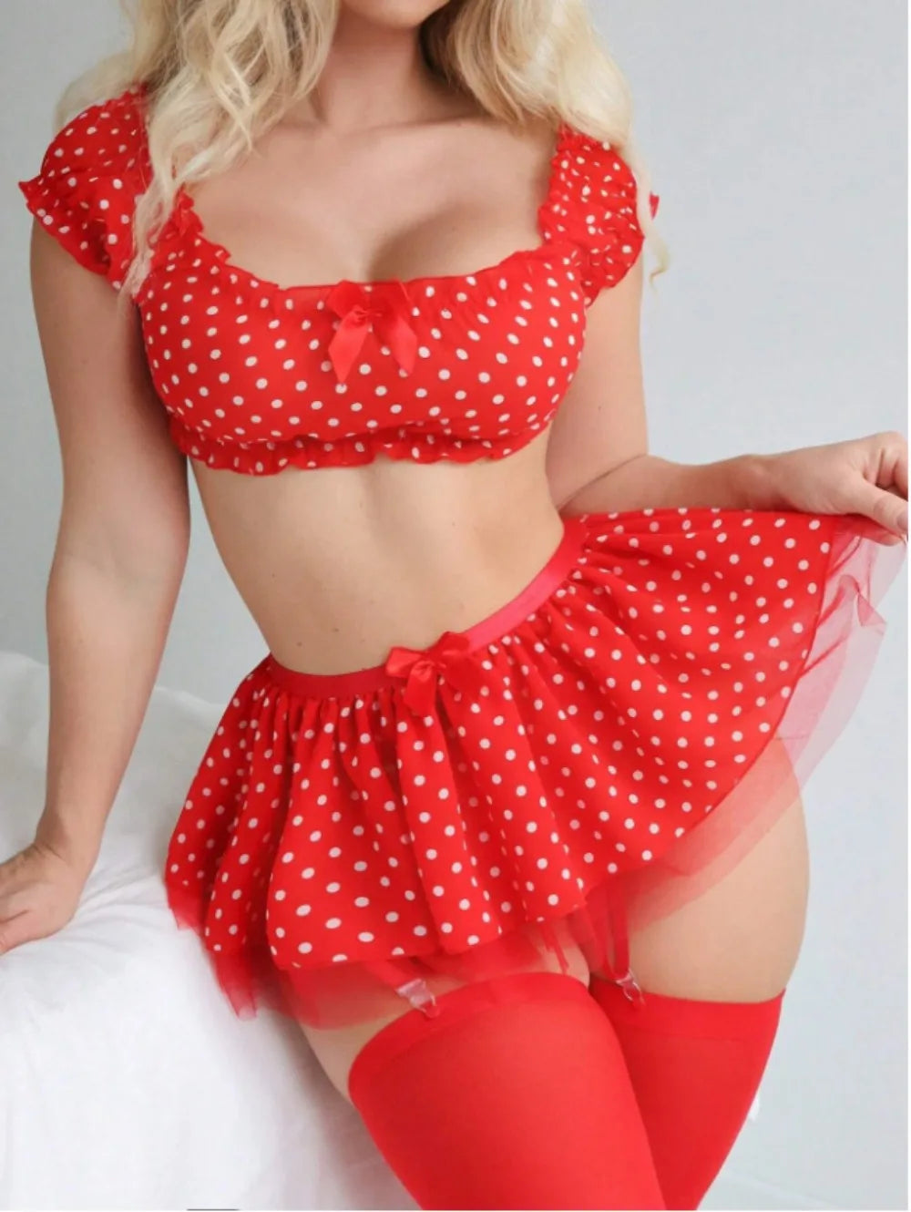 Women’s Polka Dot Tutu Lingerie Set — Sexy Off-the-Shoulder Two-Piece Fashionable Sleepwear