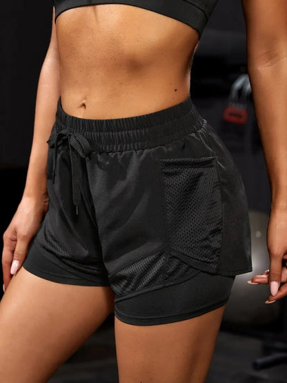Women’s Elastic Sports Shorts with Pockets – Two-in-One Yoga Leggings for Running & Training
