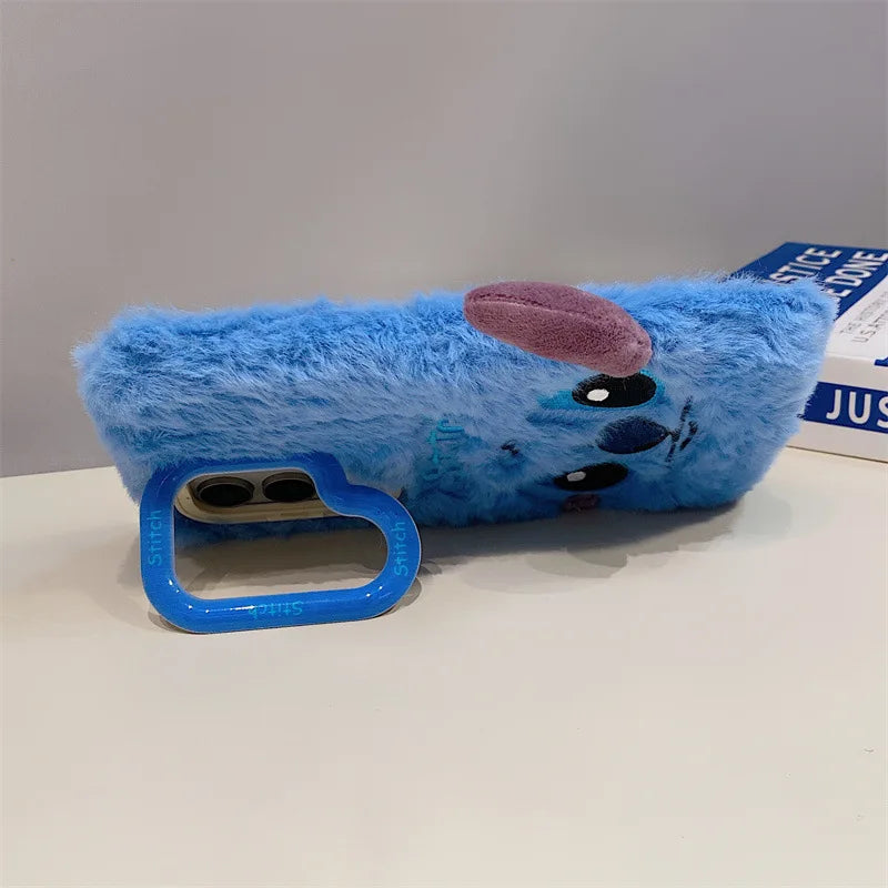 Cute Cartoon Stitch Plush Phone Case with Lens Holder – Shockproof Cover for Samsung Galaxy S23/S24/S25 Plus Ultra A56
