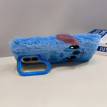 Cute Cartoon Stitch Plush Phone Case with Lens Holder – Shockproof Cover for Samsung Galaxy S23/S24/S25 Plus Ultra A56