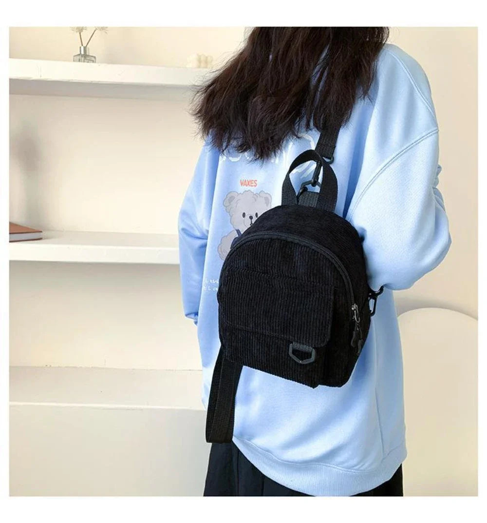 Women's Mini Backpack - Fashionable Solid Color Corduroy Casual Schoolbag with Large Capacity