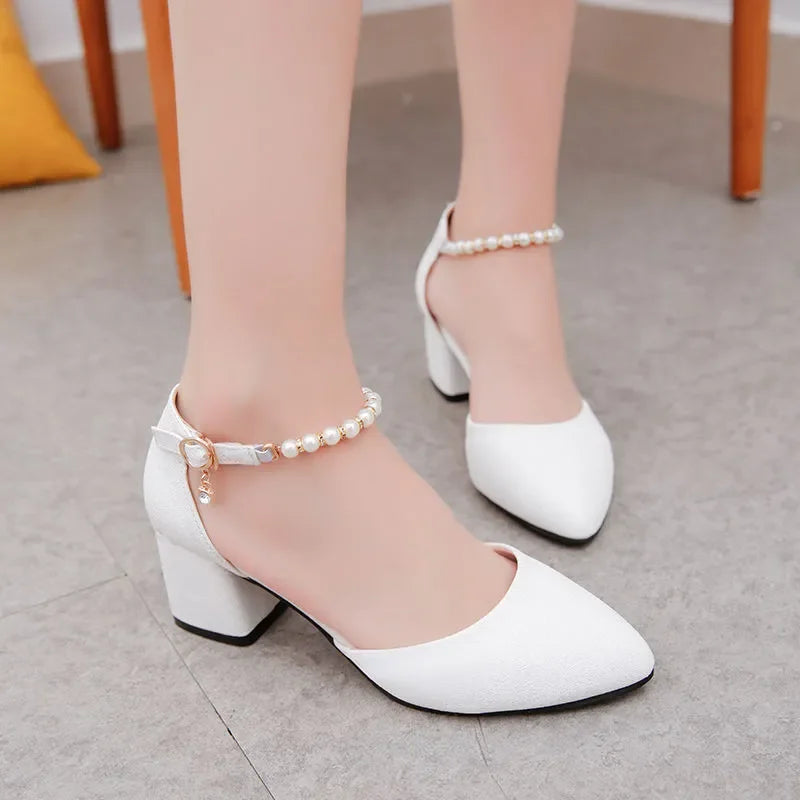 Women’s Elegant White Pearl Buckle Pumps — Square Heel Office & Leisure Shoes