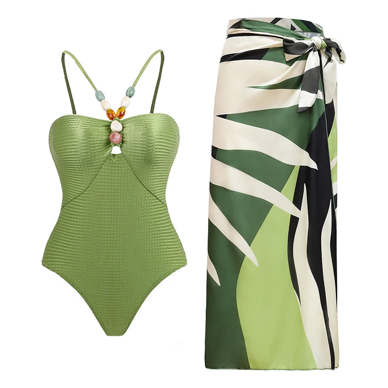 Blue One-Shoulder Ruffle Floral Monokini Swimsuit with Cover Up Sexy One Piece Beach Swimwear for Women Summer