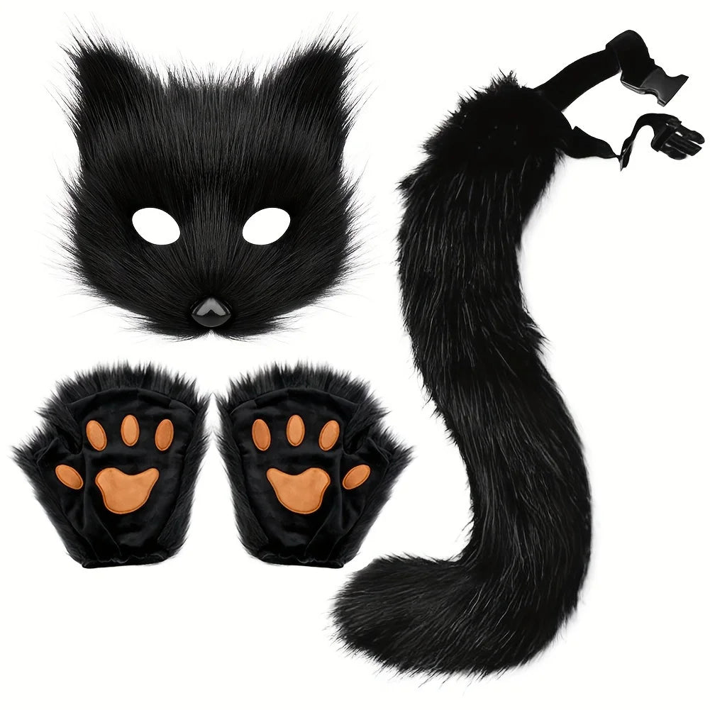 5pcs Fluffy Fur Fox Tail & Cat Paws Gloves Set — Wolf Mask Halloween Cosplay Costume Accessories for Theme Party Dress-Up