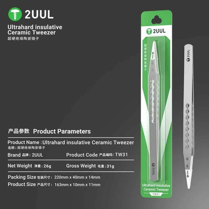 2UUL TW31 Ultrahard Insulative Ceramic Tweezers – Anti-Static Precision Tool for Mobile Phone, CPU, IC, and PCB Repair