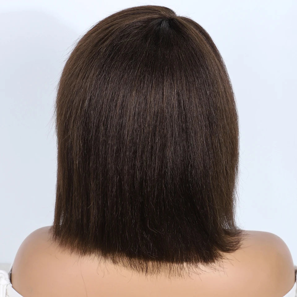 Lekker Short Kinky Straight Bob Wig - 12" Glueless Brazilian Remy Human Hair, Natural Brown, Ready to Wear