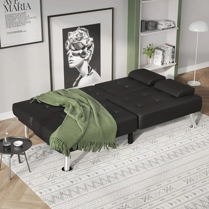 Modern Black PU Leather Futon Sofa Bed – Convertible Recliner Lounge with Folding Design & 2 Cup Holders