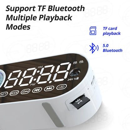 Quiet Wireless Bluetooth Speaker Alarm Clock – RGB TWS LED Mirror Digital Clock with USB, FM, Large Display for Living Room & Office