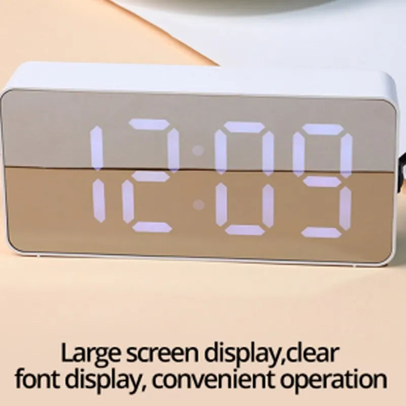 White LED Mirror Table Clock – USB Digital Alarm Clock with Snooze, Night Light & Time Display for Home Decor