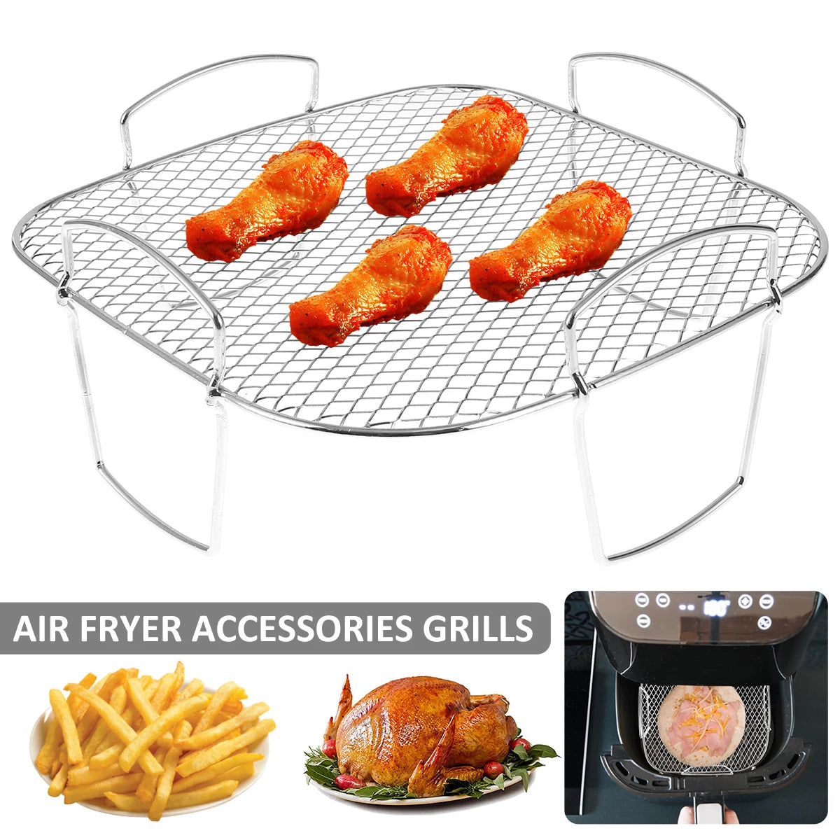 Stainless Steel Air Fryer Rack – Multi-Layer Stackable Grilling, Toast, BBQ Basket & Cooking Tray Accessory