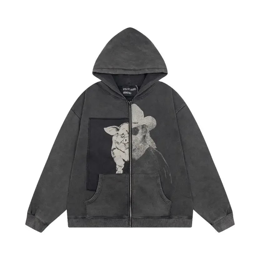 Washed Casual Hoodie Sweatshirt — Unisex Loose-Fit Street Style Crew Neck with Lip Print Letter Design, Vintage Comfortable Top