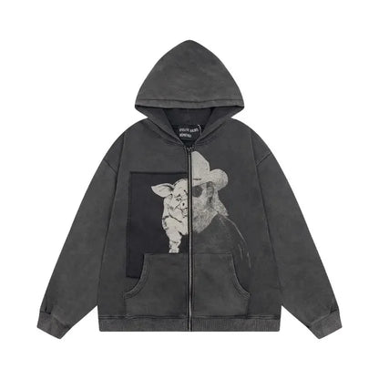 Washed Casual Hoodie Sweatshirt — Unisex Loose-Fit Street Style Crew Neck with Lip Print Letter Design, Vintage Comfortable Top