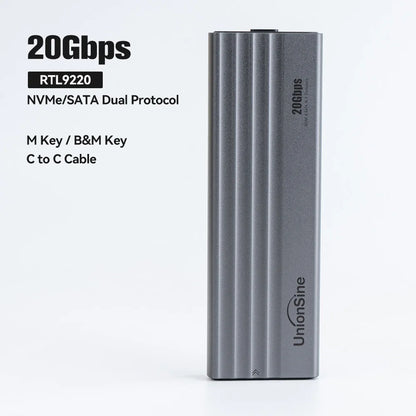 UnionSine 20Gbps M.2 PCIe SSD Case – Dual Protocol M.2 to USB Type-C 3.1 Adapter for NVMe, NGFF, and SATA SSD