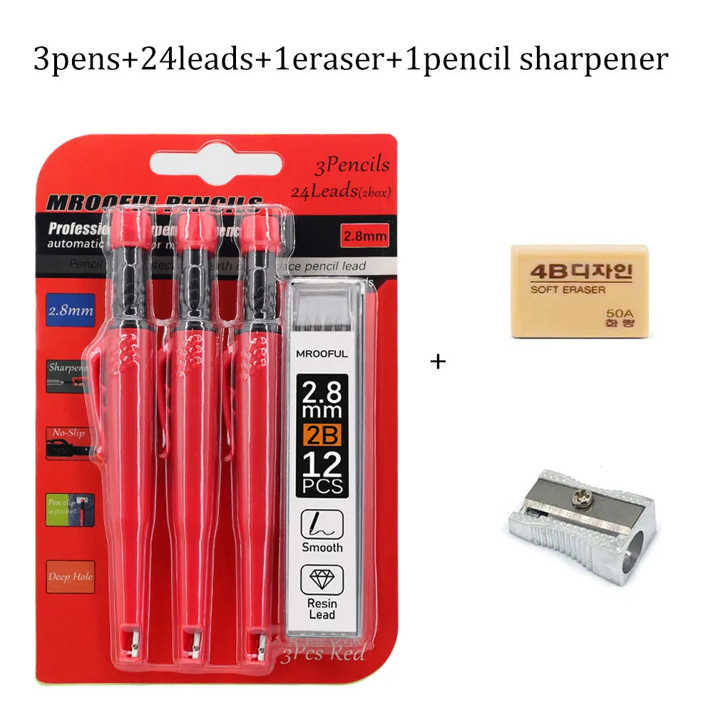 Carpenter’s Pencil Set with 2.8mm Leads - Deep-Hole Marking Pencil & Sharpener for Woodworking and Construction