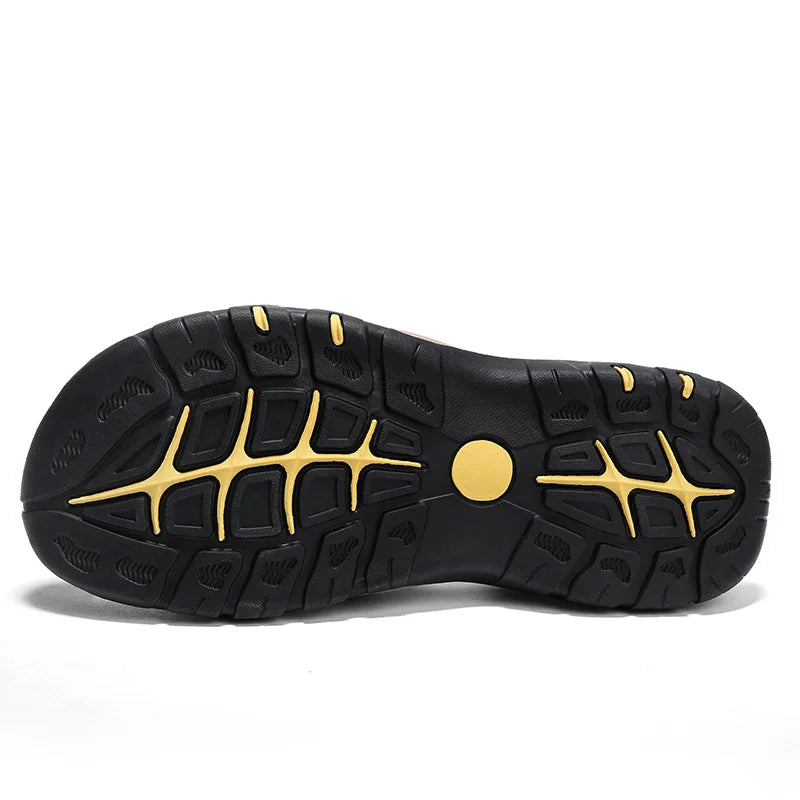 CLOHOO Men's Leather Sandals - Handmade Thick Sole Breathable Slip-On Beach Shoes