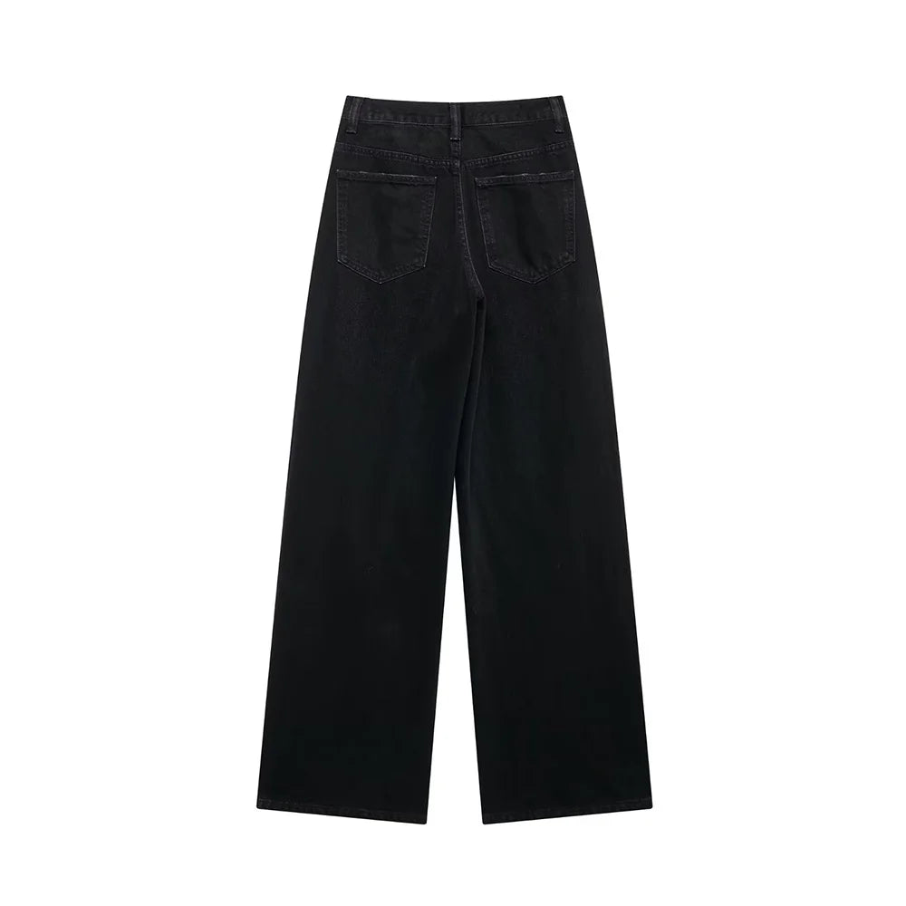 TRAF Women’s Basic Hundred Jeans — High Waist Asymmetric Wide-Leg Trousers, Casual Straight-Leg Fashion Jeans