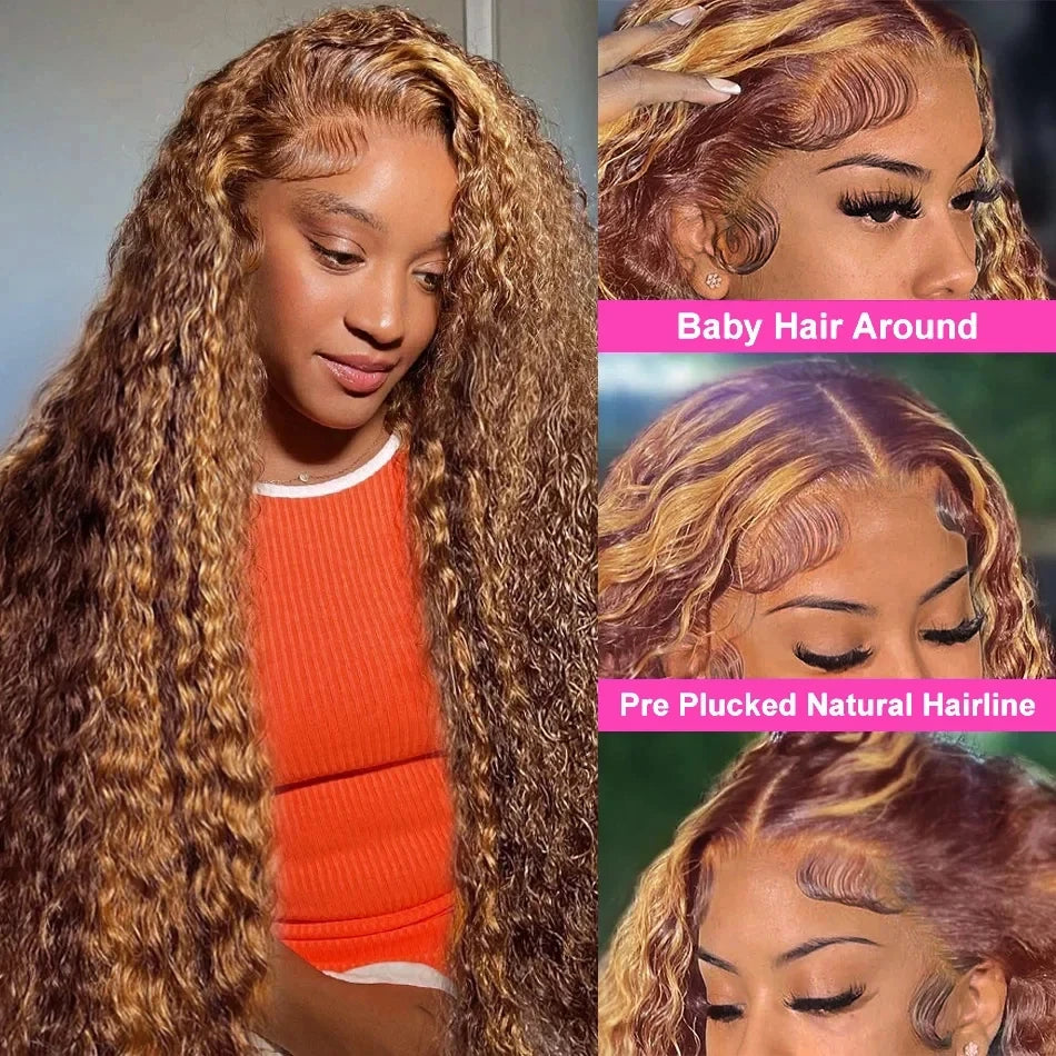 30-36 Inch Curly Highlight Wig – Honey Blonde 13x4 Lace Front Deep Wave Brazilian Human Hair HD Lace Frontal Wig for Women