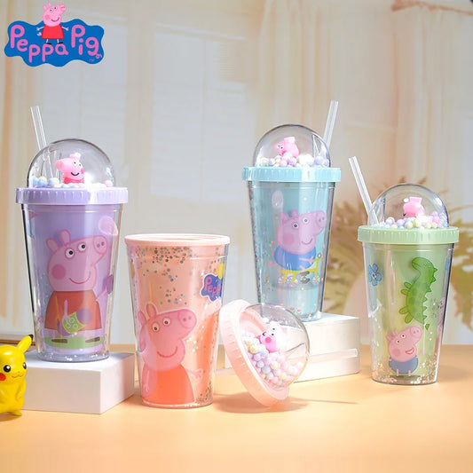 450ML Peppa Pig Plastic Water Bottle – Double-Layer Tumbler with Straw, George Pig Design, Gift for Girls