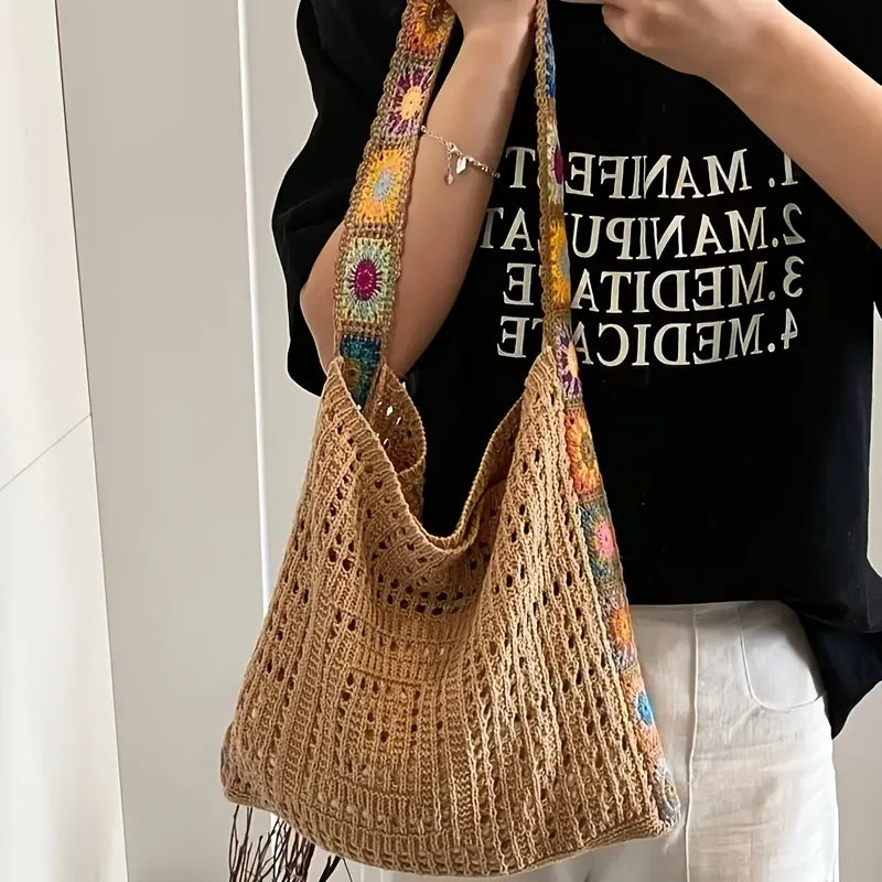 Women’s Boho Crochet Tote Bag – Floral Knitted Large Capacity Beach Shoulder Bag Summer Woven Shopper Handbag