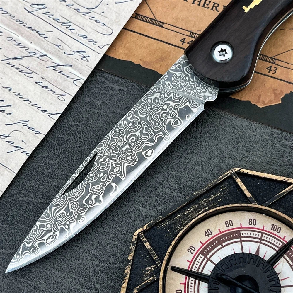Damascus Folding Knife - Ebony Handle Portable Camping & Hiking Utility Knife