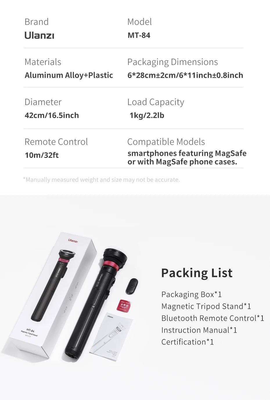 Ulanzi MT-84 Selfie Stick Magnetic Tripod - 1.53M, Wireless Bluetooth Remote, Phone Extension for Live Streaming & Vlogs