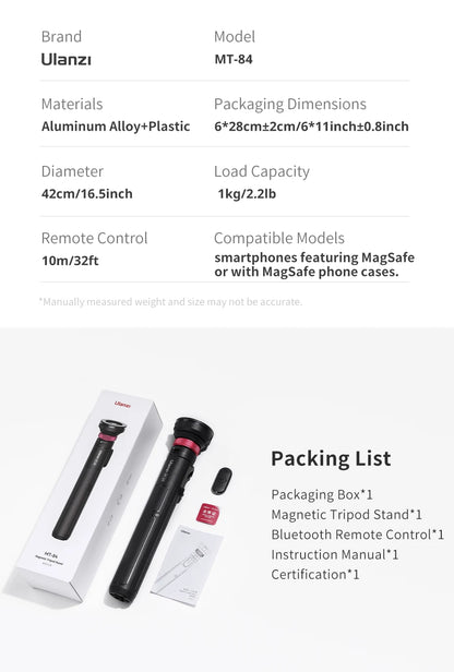 Ulanzi MT-84 Selfie Stick Magnetic Tripod - 1.53M, Wireless Bluetooth Remote, Phone Extension for Live Streaming & Vlogs