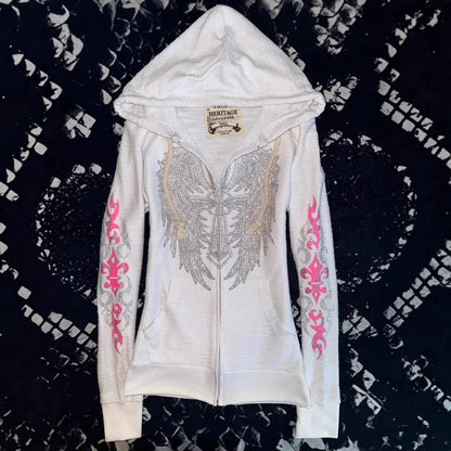Women’s Y2K Rhinestone Hooded Jacket - Vintage Angel Wing Cross Crystal Streetwear