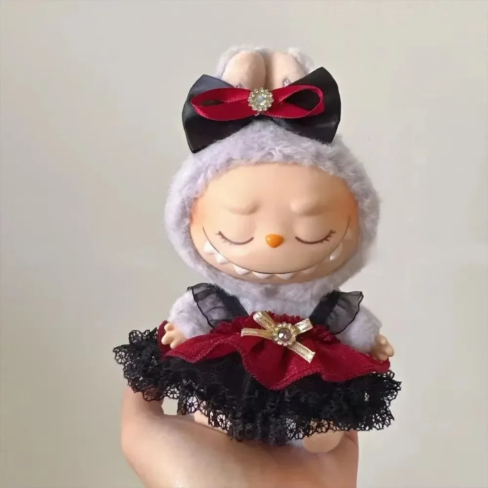 17cm Mini Plush Doll Clothes — Kpop Labubu Idol Outfit with Pink Silk Bow & Princess Gauze Skirt Accessories