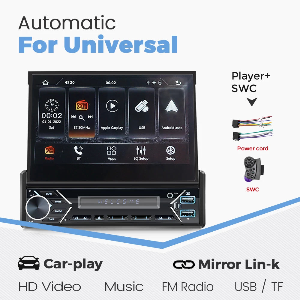 Carplay Android Auto 1 Din MP5 Player - 7 Inch Retractable Touch Screen, FM Radio, Mirror Link, Manual & Automatic Car Player