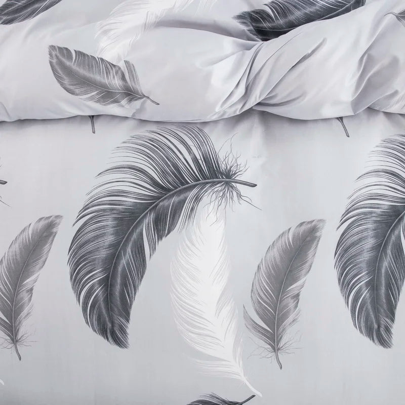Grey Feather Duvet Cover Set – Full/Queen Boho Bedding with Soft Reversible White Comforter Cover for Kids & Teens