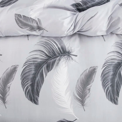 Grey Feather Duvet Cover Set – Full/Queen Boho Bedding with Soft Reversible White Comforter Cover for Kids & Teens