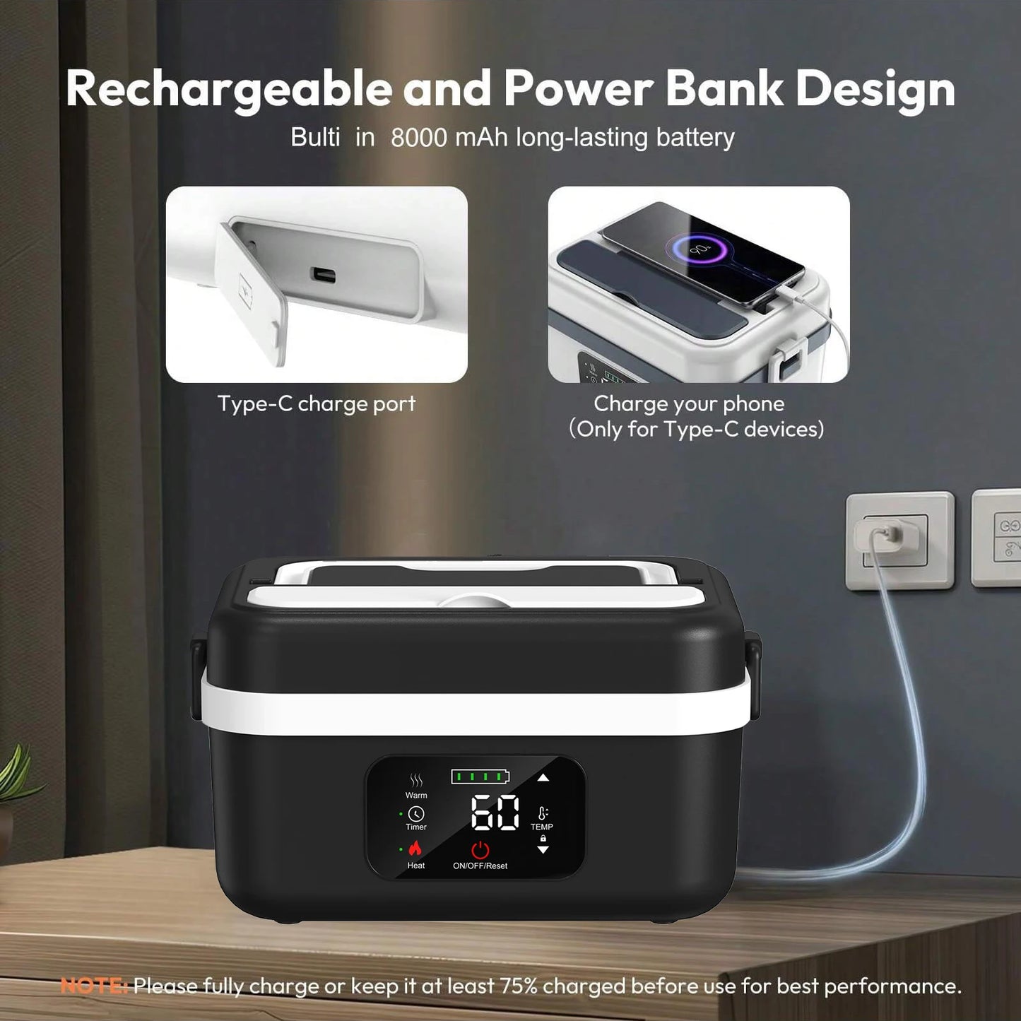 Wireless Electric Heated Lunch Box 8000mAh – 60W Portable Food Warmer 1L Stainless Steel Insulated Lunch Container for Travel & Work