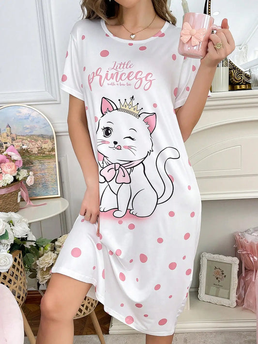 Women's White Cat Print Polka Dot Nightdress with Bow Detail