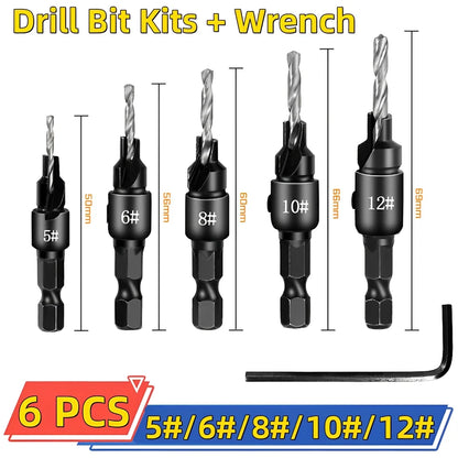 5pcs Countersink Drill Bit Set – Woodworking Pilot Hole Drills for Screw Sizes #5, #6, #8, #10, #12