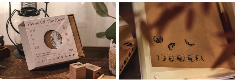 Yoofun 7-Piece Vintage Moon & Plant Wooden Stamps — Rubber Stamps for Scrapbooking, DIY Craft & Stationery