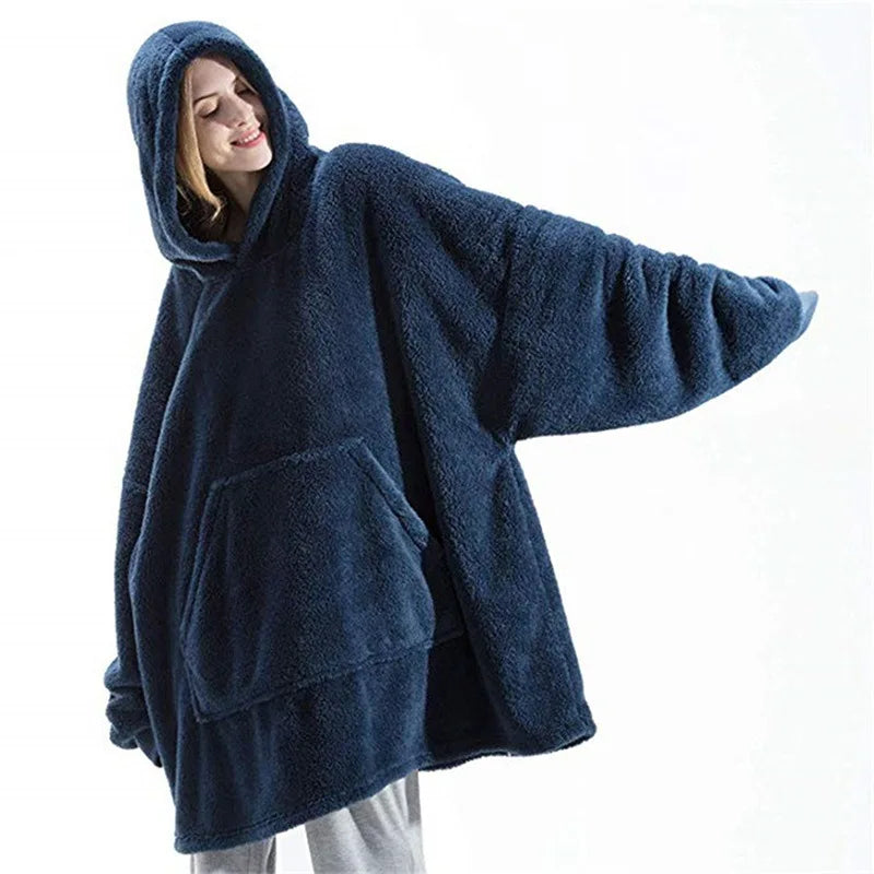 Oversized Fleece Hoodie Blanket - Warm Double-Faced Sherpa Robe with Large Pocket for Women & Men