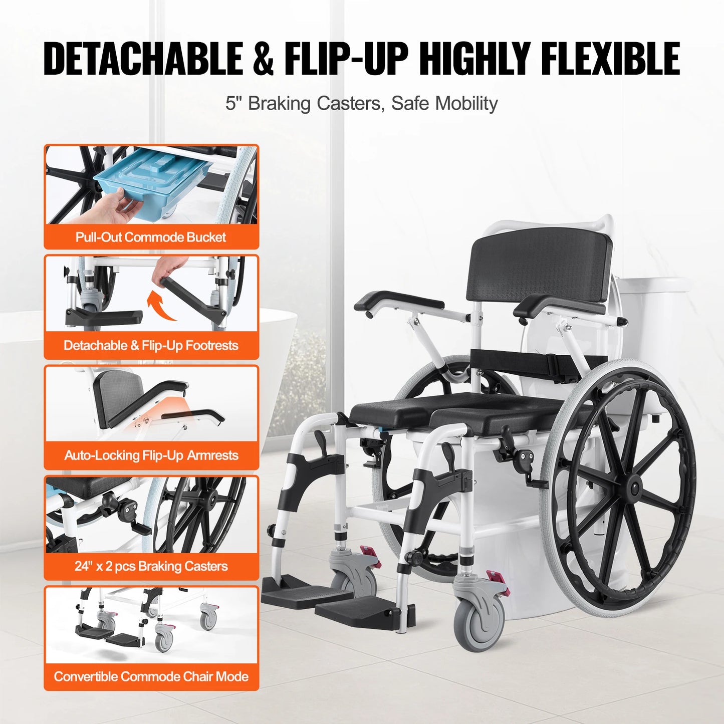 VEVOR 17.5in Shower Wheelchair – Adjustable Rolling Bathroom Chair for Disabled Adults, 300 lbs Capacity