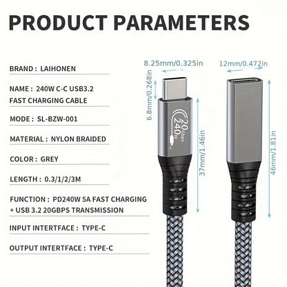 10ft USB-C Extension Cable – 240W Fast Charging, 20Gbps Data Transfer, 4K Video Compatible with USB-C 3.2 Devices