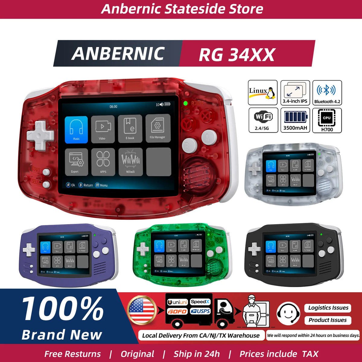 ANBERNIC RG34XX Retro Handheld Game Console - 3.4" IPS Screen Linux Gaming System with HDMI Output