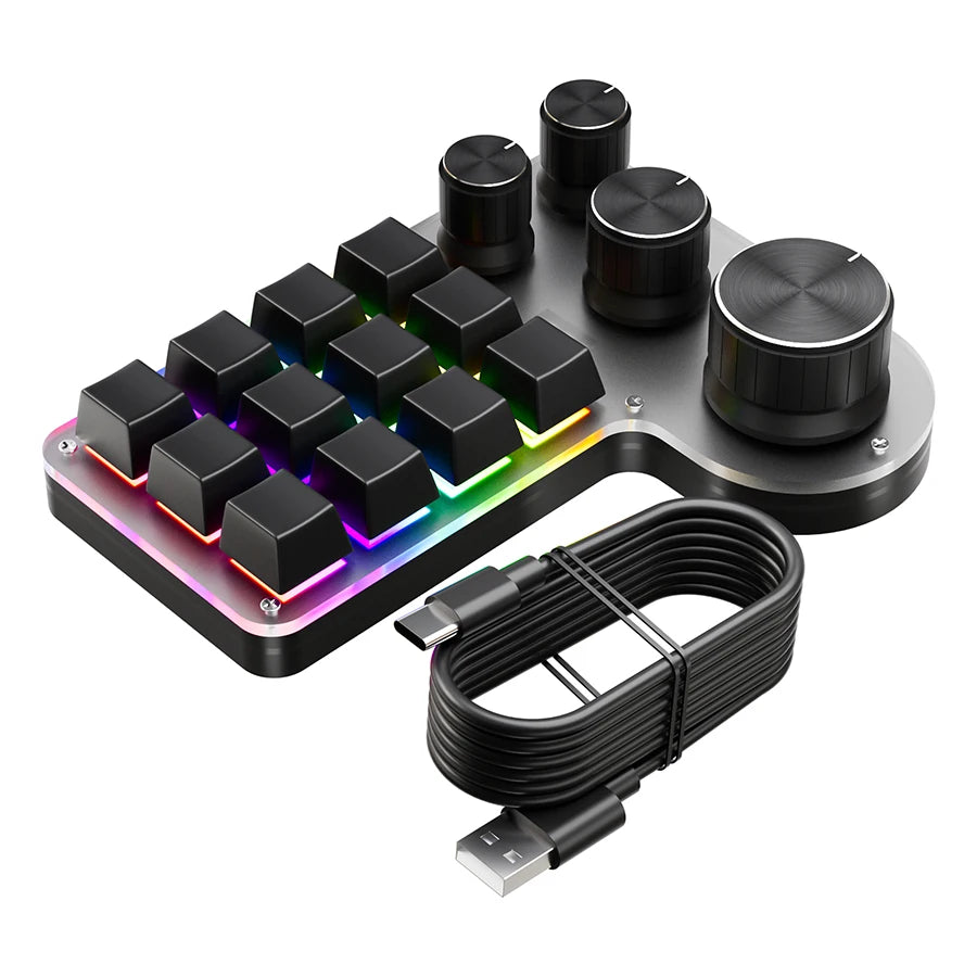 12-Key 4-Knob RGB Programming Macro Keyboard – Hot Swappable Mechanical Gaming Macropad for Photoshop, Editing & Custom Shortcuts