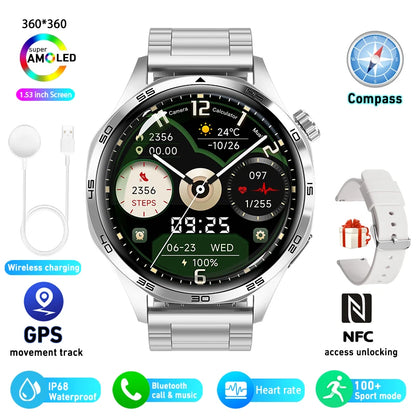 2025 GPS NFC Smartwatch for Men – 360x360 AMOLED HD Screen, Bluetooth Call, Waterproof, Compatible with Huawei Watch 5 Pro