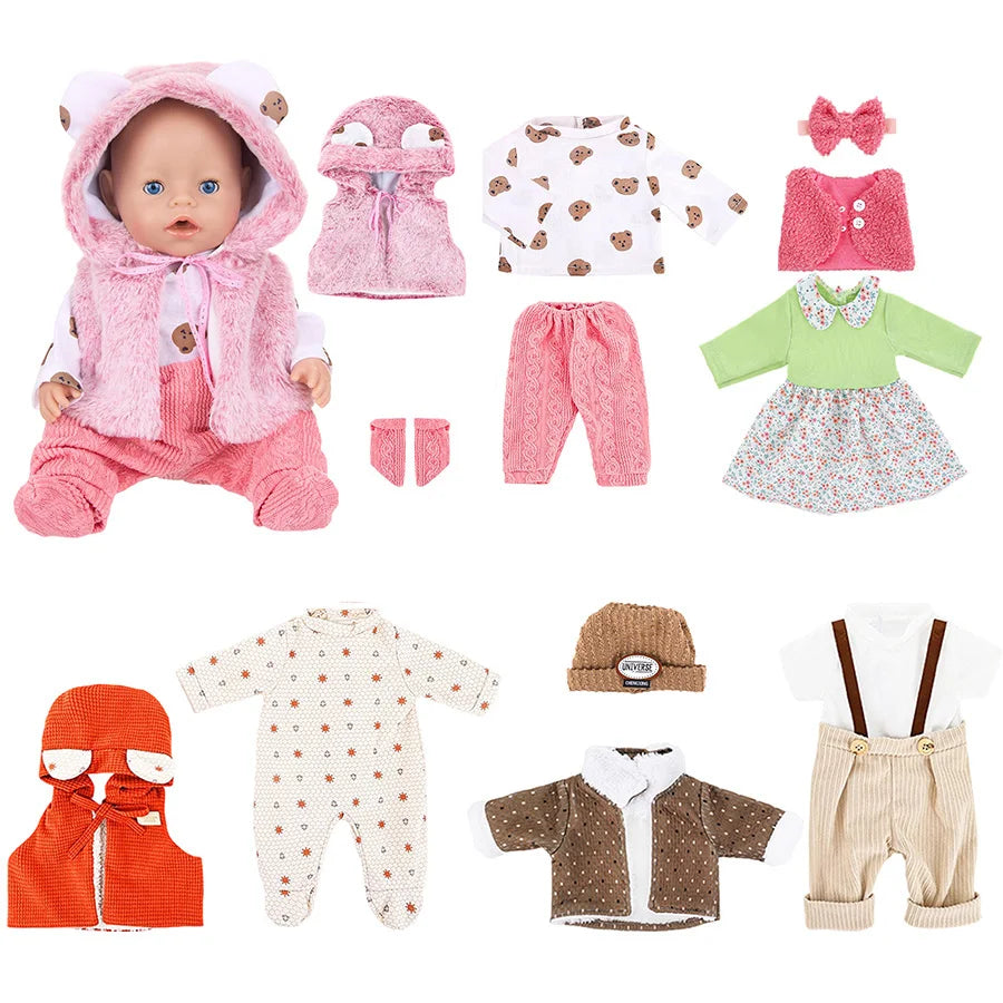 43cm Baby Doll Clothes Set – Leather Jacket, Pants & Rompers for 18-Inch American Dolls, Winter Outfit