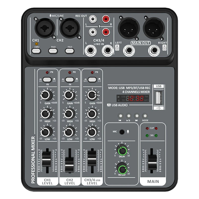 4-Channel Audio Mixer — USB Studio Mixer with 48V Phantom Power & Bluetooth for DJ & Karaoke