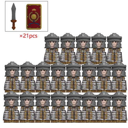 21PCS MOC Medieval Knights & Roman Legion Soldiers Building Blocks Set Warrior Figures with Weapons Helmet Bricks Toy Collection