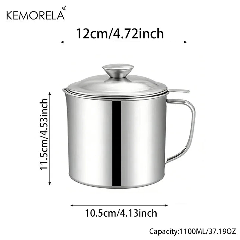 Stainless Steel Oil Filter Pot - 1.1L/1.3L Cooking Oil Strainer Container with Lid & Heat Resistant Fat Separator